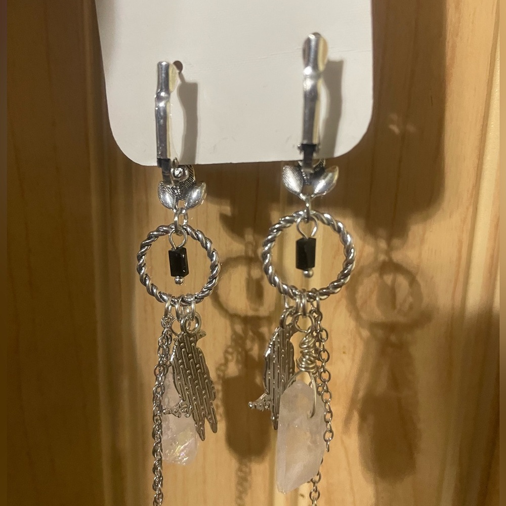 Silver and Black Raven Dangle Earrings - Picture 6 of 6